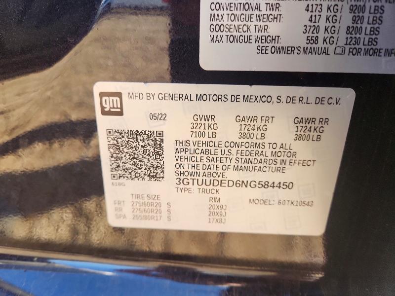 Aukcja sprzedaży 2022 Gmc Sierra, vin: 3GTUUDED6NG584450, numer aukcji: 46067166