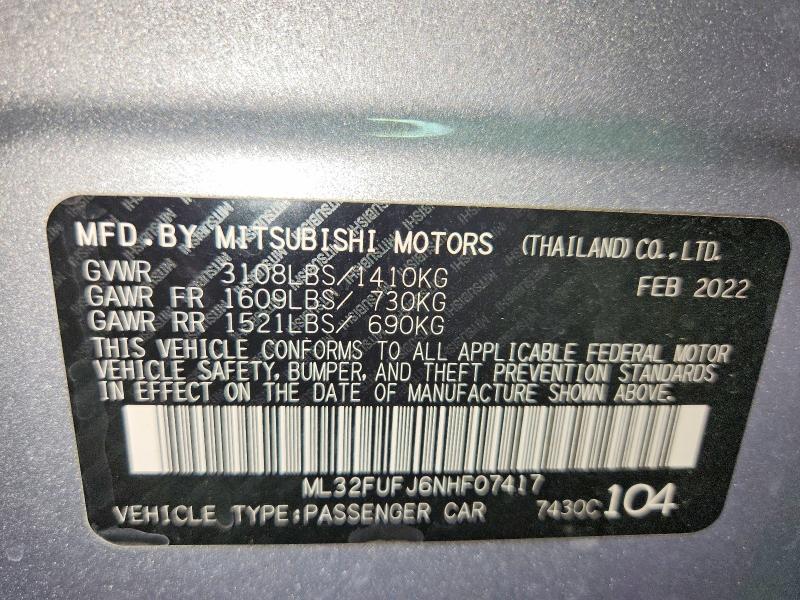 Aukcja sprzedaży 2022 Mitsubishi Mirage, vin: ML32FUFJ6NHF07417, numer aukcji: 41626056