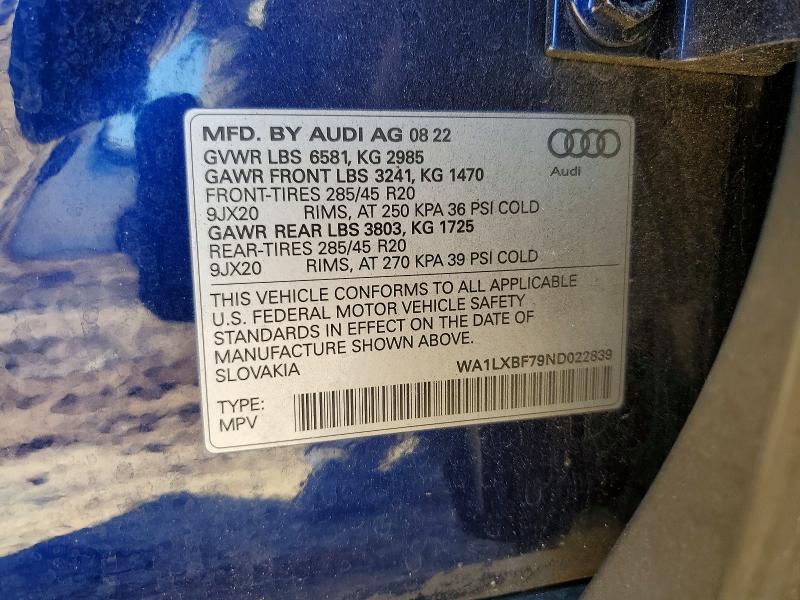 2022 Audi Q7 მანქანა იყიდება აუქციონზე, vin: WA1LXBF79ND022839, აუქციონის ნომერი: 45927716