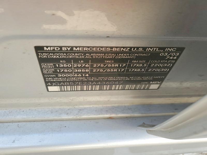 Продаж на аукціоні авто 2003 Mercedes-benz Ml, vin: 4JGAB57E23A436047, номер лоту: 46897156