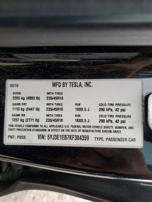 Продажа на аукционе авто 2019 Tesla Model 3, vin: 5YJ3E1EB7KF384359, номер лота: 41639556