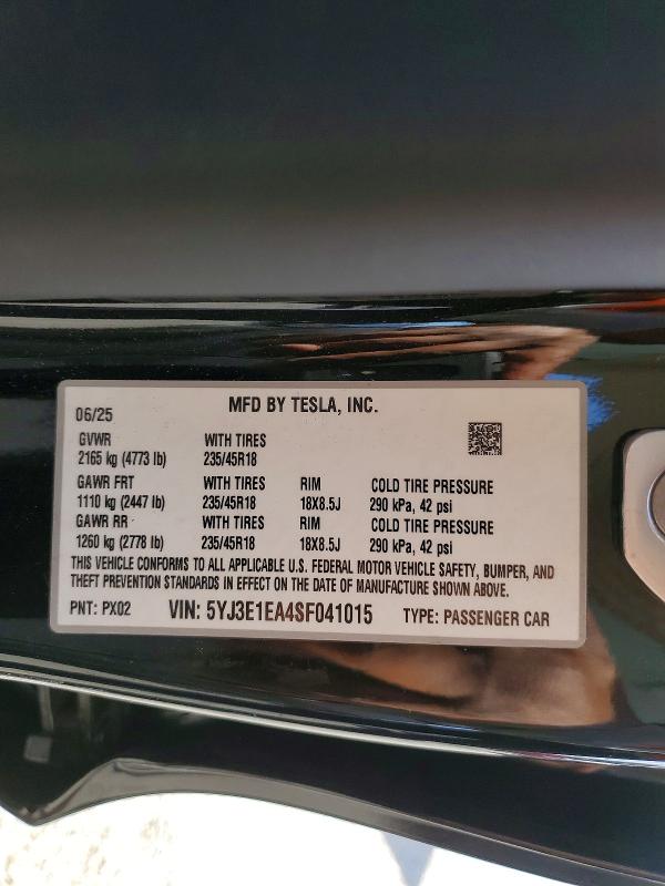 Продаж на аукціоні авто 2025 Tesla Model 3, vin: 5YJ3E1EA4SF041015, номер лоту: 41829156