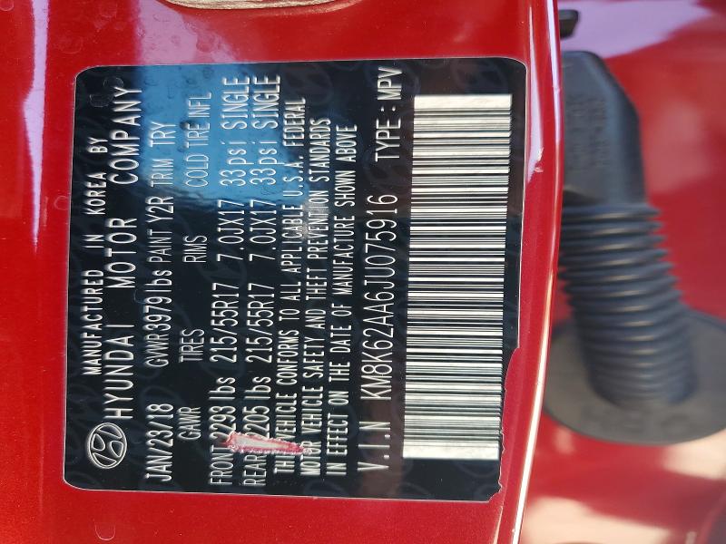 46275286 :رقم المزاد ، KM8K62AA6JU075916 vin ، 2018 Hyundai Kona مزاد بيع