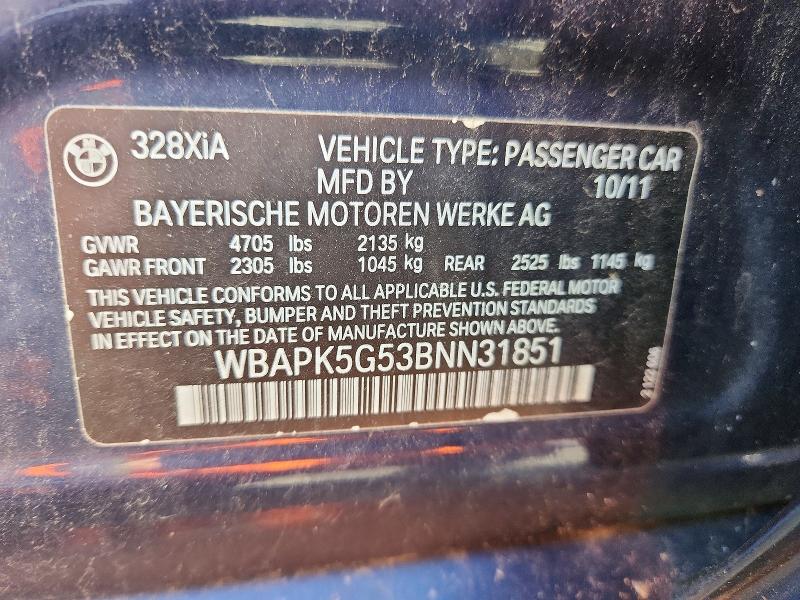 2011 Bmw 328 მანქანა იყიდება აუქციონზე, vin: WBAPK5G53BNN31851, აუქციონის ნომერი: 47636056