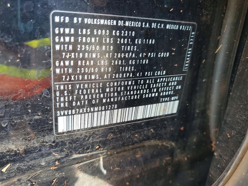 2022 Volkswagen Tiguan მანქანა იყიდება აუქციონზე, vin: 3VV8B7AX9NM081278, აუქციონის ნომერი: 47510146