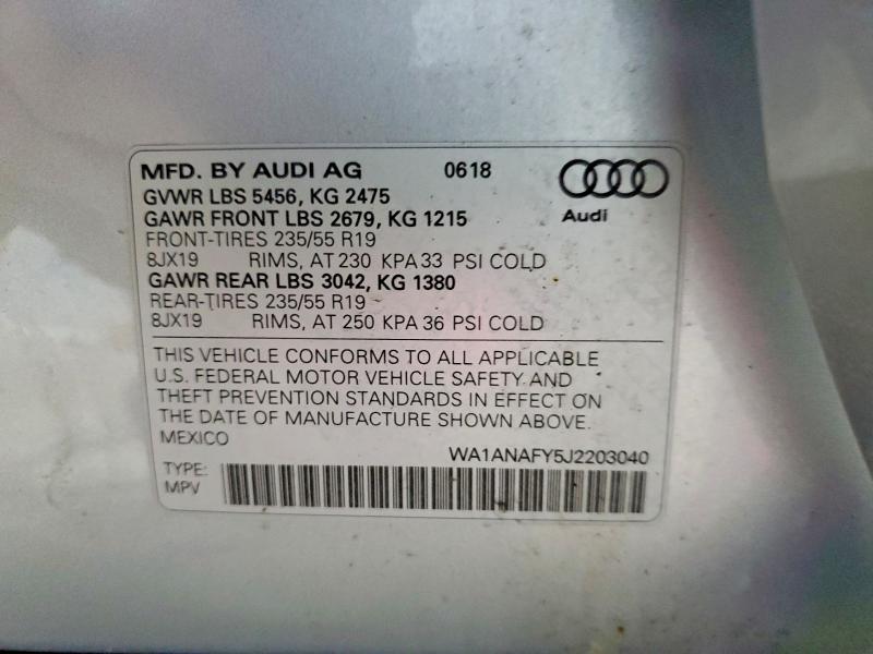 Продаж на аукціоні авто 2018 Audi Q5, vin: WA1ANAFY5J2203040, номер лоту: 41702966