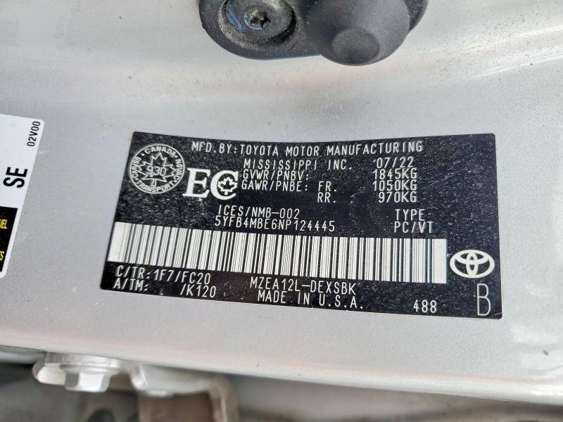 Aukcja sprzedaży 2022 Toyota Corolla, vin: 5YFB4MBE6NP124445, numer aukcji: 46346186