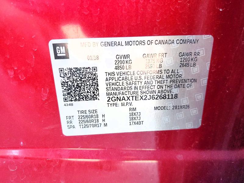 47579066 :رقم المزاد ، 2GNAXTEX2J6268118 vin ، 2018 Chevrolet Equinox مزاد بيع