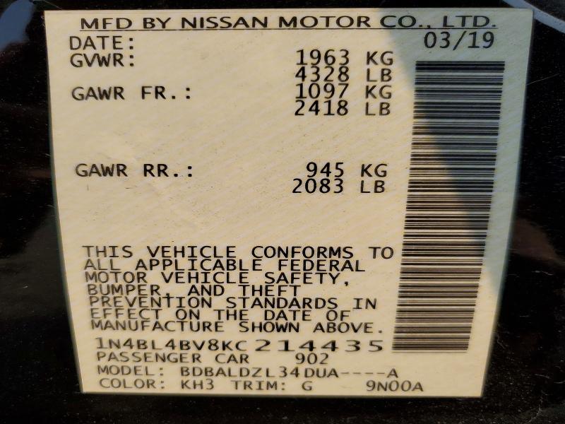 45600306 :رقم المزاد ، 1N4BL4BV8KC214435 vin ، 2019 Nissan Altima مزاد بيع