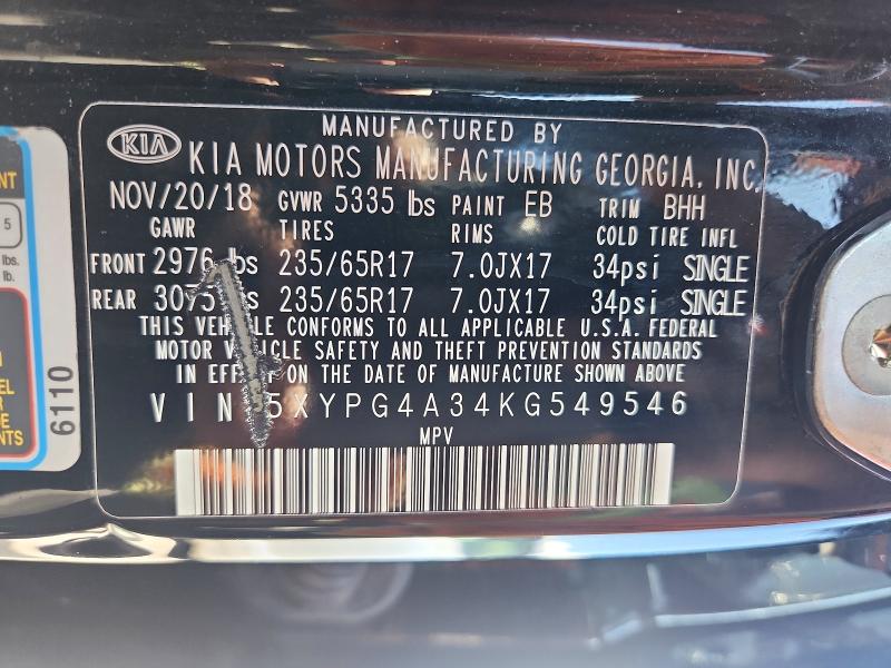 Продаж на аукціоні авто 2019 Kia Sorento, vin: 5XYPG4A34KG549546, номер лоту: 46064286