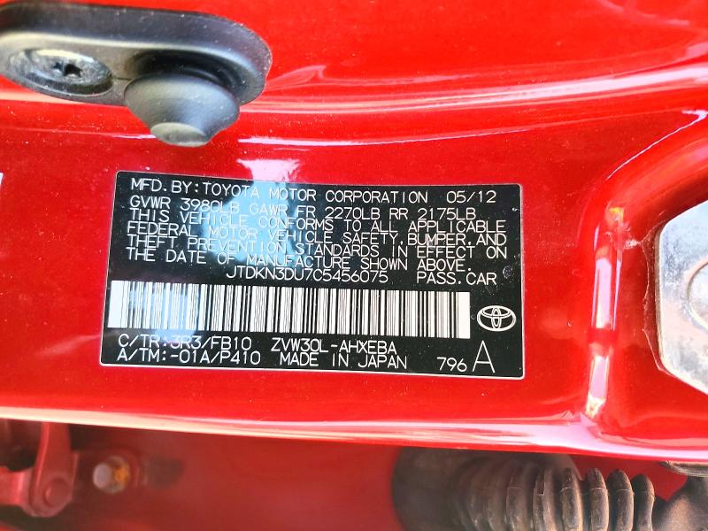42005796 :رقم المزاد ، JTDKN3DU7C5456075 vin ، 2012 Toyota Prius مزاد بيع