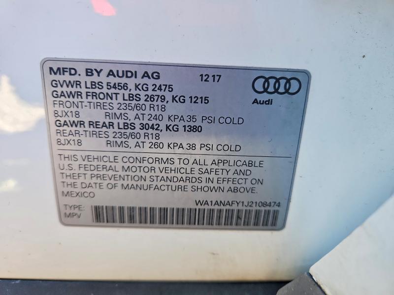 Aukcja sprzedaży 2018 Audi Q5, vin: WA1ANAFY1J2108474, numer aukcji: 47013036