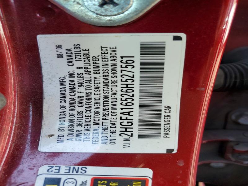 Aukcja sprzedaży 2006 Honda Civic, vin: 2HGFA16526H527561, numer aukcji: 45623276