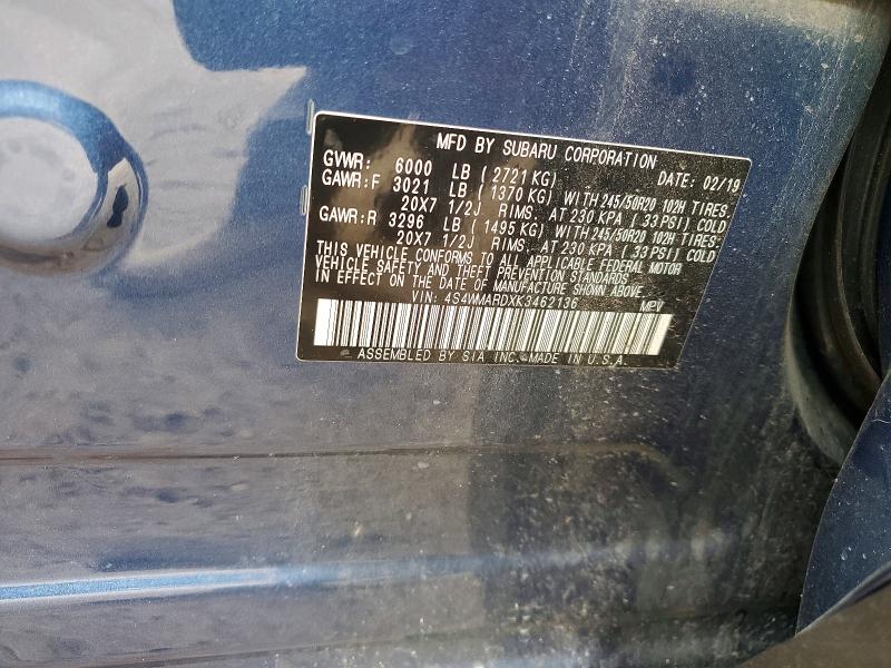 46163846 :رقم المزاد ، 4S4WMARDXK3462136 vin ، 2019 Subaru Ascent مزاد بيع