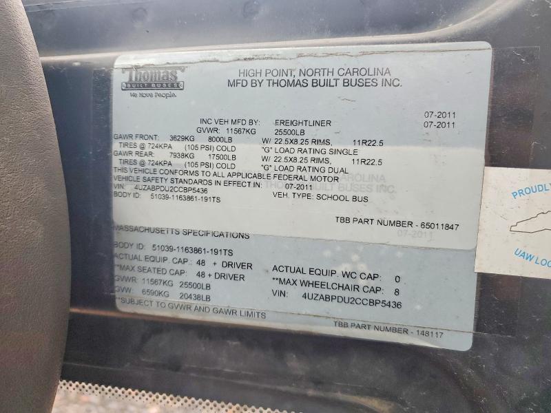 Продаж на аукціоні авто 2012 Freigliner Chassis, vin: 4UZABPDU2CCBP5436, номер лоту: 72398345