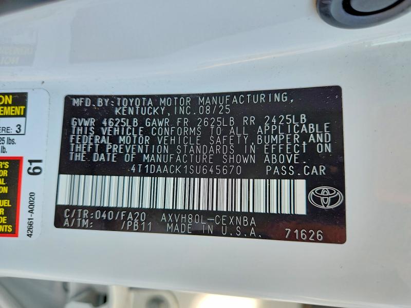 2025 Toyota Camry მანქანა იყიდება აუქციონზე, vin: 4T1DAACK1SU645670, აუქციონის ნომერი: 47878626