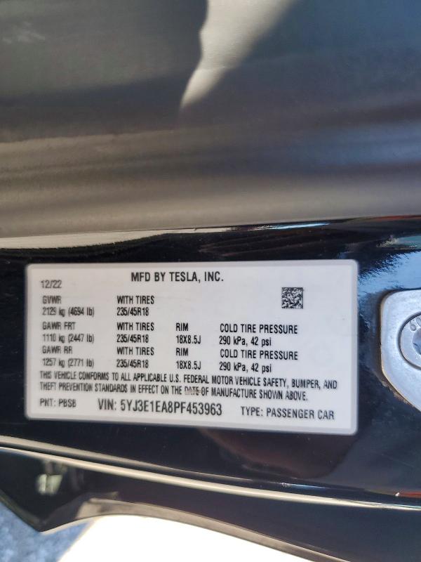 2023 Tesla Model 3 მანქანა იყიდება აუქციონზე, vin: 5YJ3E1EA8PF453963, აუქციონის ნომერი: 47590826