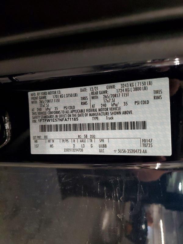 Aukcja sprzedaży 2022 Ford F150, vin: 1FTFW1E57NFA71185, numer aukcji: 48158586