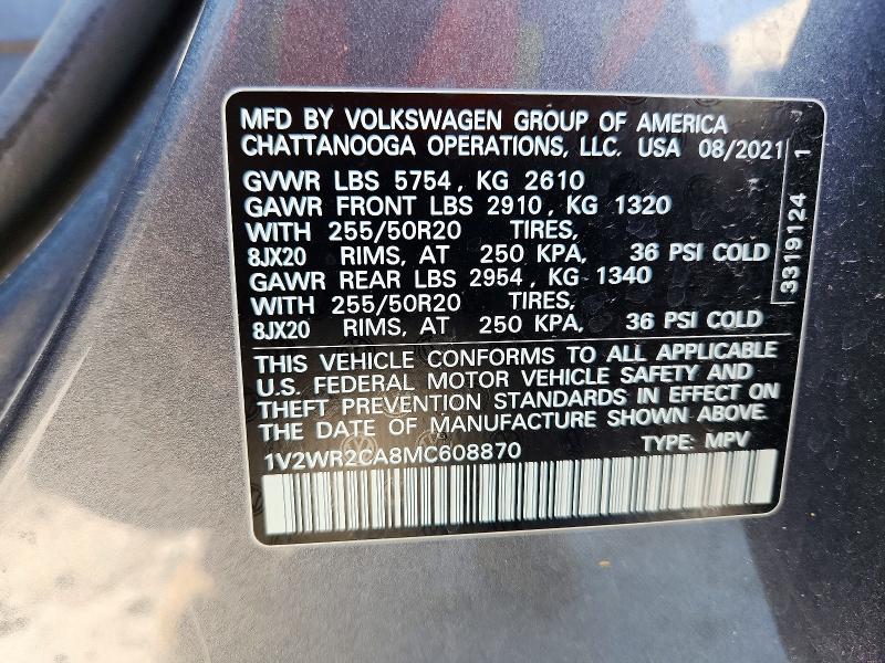 48160346 :رقم المزاد ، 1V2WR2CA8MC608870 vin ، 2021 Volkswagen Atlas مزاد بيع
