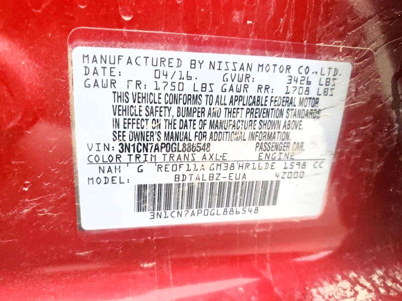 Продажа на аукционе авто 2016 Nissan Versa, vin: 3N1CN7AP0GL886548, номер лота: 47294806