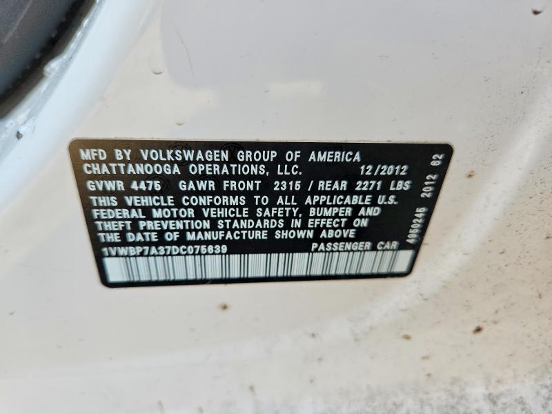 Aukcja sprzedaży 2013 Volkswagen Passat, vin: 1VWBP7A37DC075639, numer aukcji: 41805156