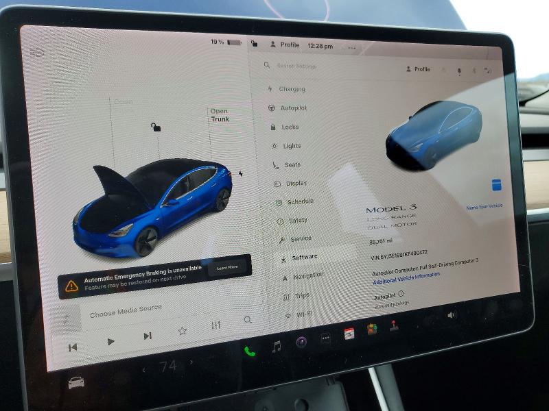 2019 Tesla Model 3 მანქანა იყიდება აუქციონზე, vin: 5YJ3E1EB1KF480472, აუქციონის ნომერი: 78735385