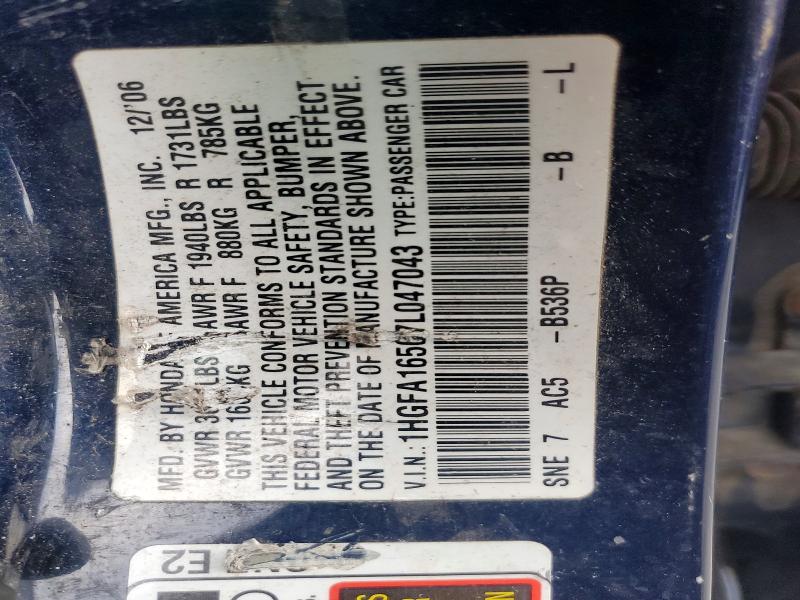 78606655 :رقم المزاد ، 1HGFA16567L047043 vin ، 2007 Honda Civic مزاد بيع