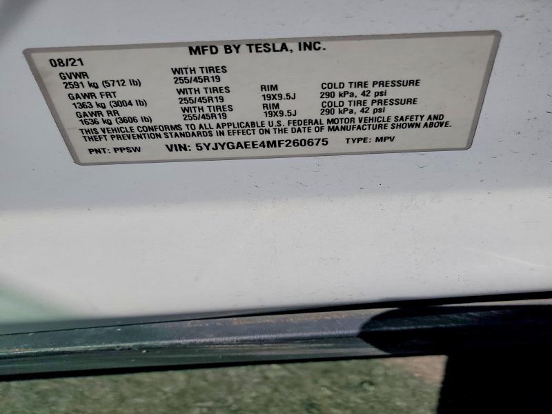 Aukcja sprzedaży 2021 Tesla Model Y, vin: 5YJYGAEE4MF260675, numer aukcji: 47002366