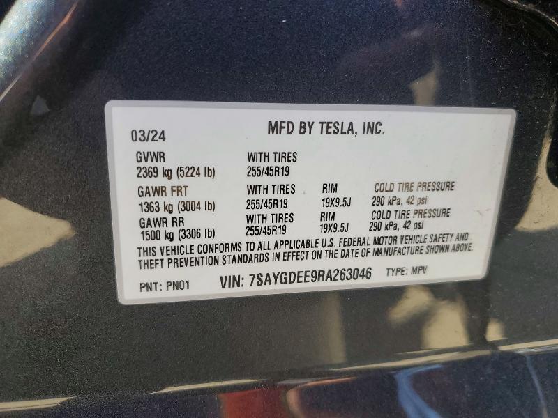 78798865 :رقم المزاد ، 7SAYGDEE9RA263046 vin ، 2024 Tesla Model Y مزاد بيع