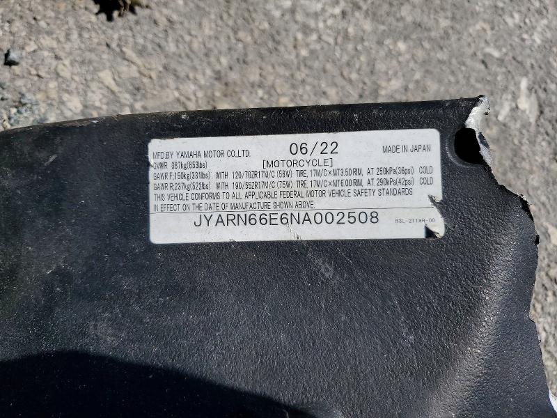 2022 Yama Yzfr1 მანქანა იყიდება აუქციონზე, vin: JYARN66E6NA002508, აუქციონის ნომერი: 45727546