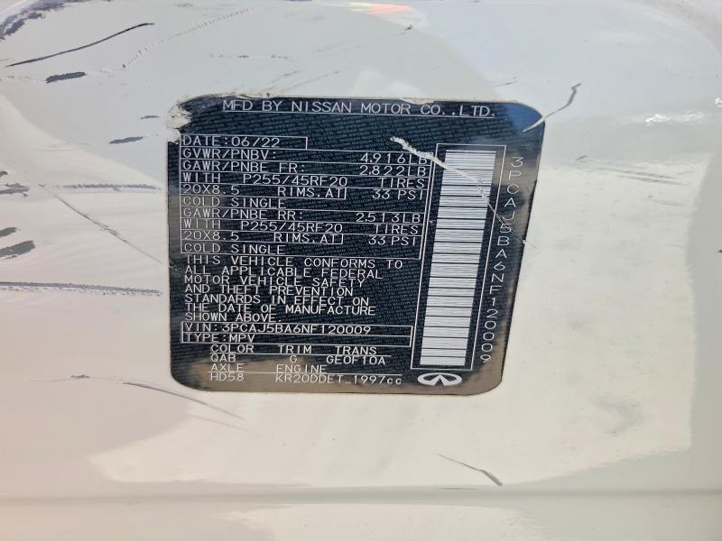 47551446 :رقم المزاد ، 3PCAJ5BA6NF120009 vin ، 2022 Infiniti Qx50 مزاد بيع