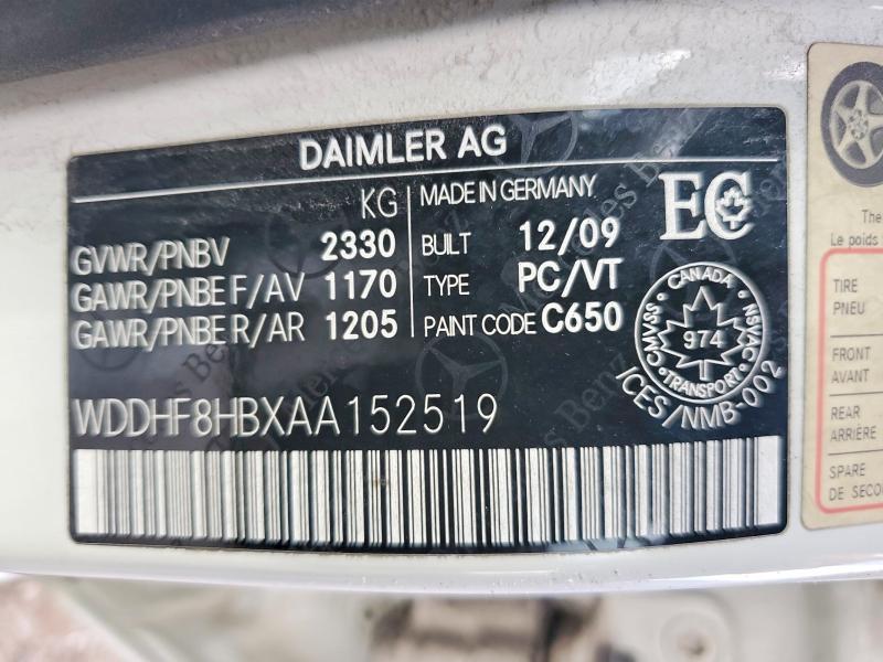 2010 Mercedes-benz E მანქანა იყიდება აუქციონზე, vin: WDDHF8HBXAA152519, აუქციონის ნომერი: 45827946