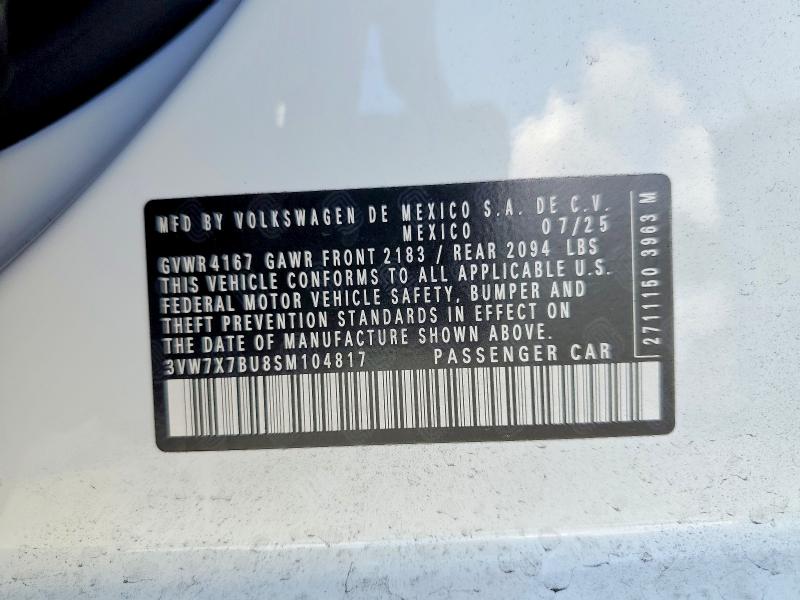 2025 Volkswagen Jetta მანქანა იყიდება აუქციონზე, vin: 3VW7X7BU8SM104817, აუქციონის ნომერი: 42036926