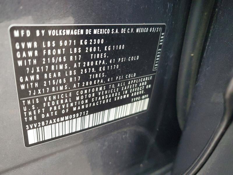 2021 Volkswagen Tiguan მანქანა იყიდება აუქციონზე, vin: 3VV2B7AX6MM099712, აუქციონის ნომერი: 46239896