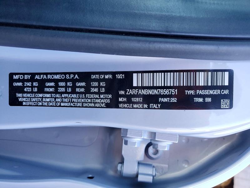 79556005 :رقم المزاد ، ZARFANBN0N7656751 vin ، 2022 Alfa Romeo Giulia مزاد بيع