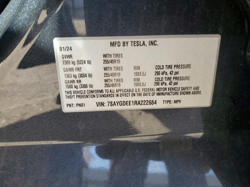 Продаж на аукціоні авто 2024 Tesla Model Y, vin: 7SAYGDEE1RA222684, номер лоту: 47694386