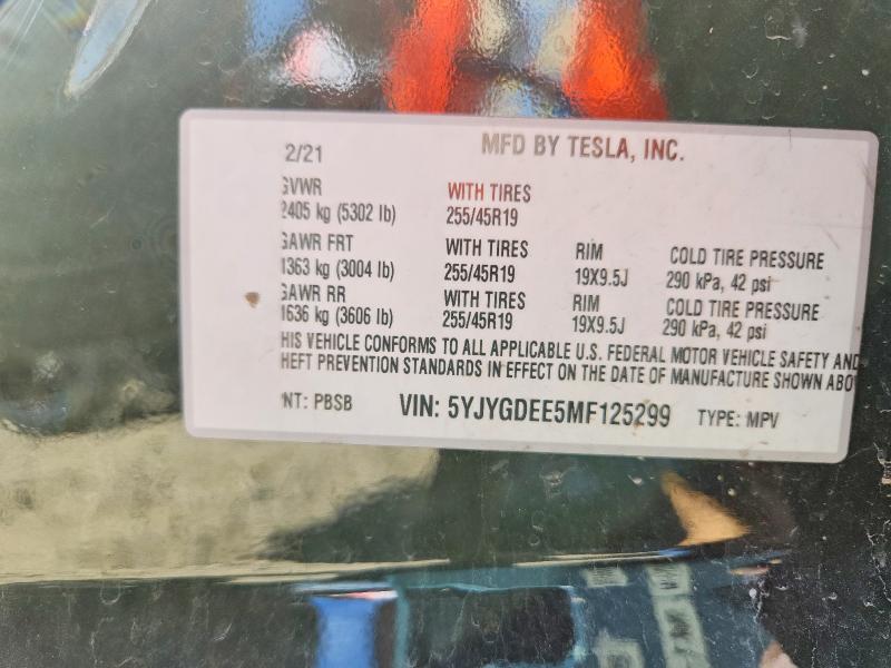 41734606 :رقم المزاد ، 5YJYGDEE5MF125299 vin ، 2021 Tesla Model Y مزاد بيع