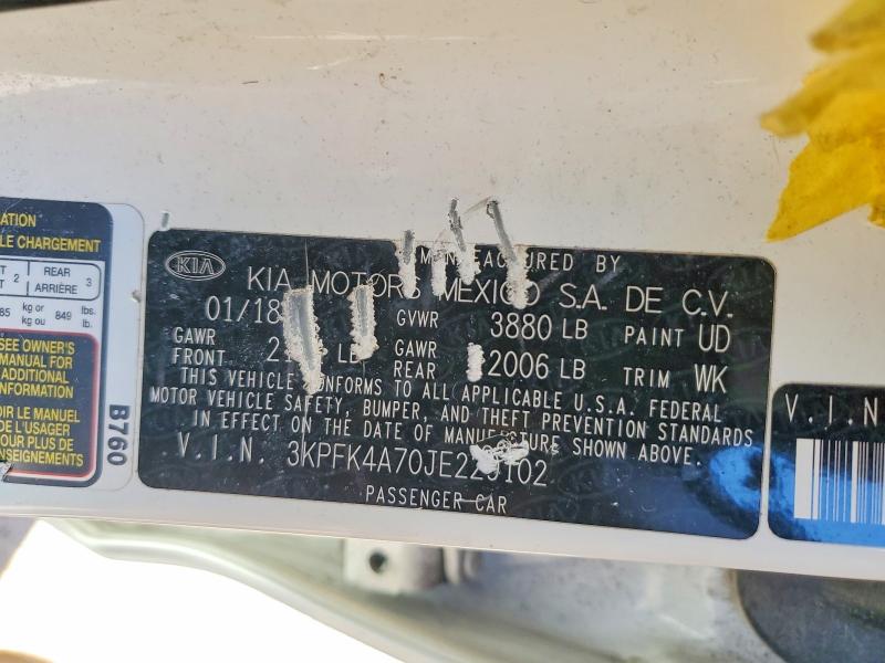 2018 Kia Forte მანქანა იყიდება აუქციონზე, vin: 3KPFK4A70JE229102, აუქციონის ნომერი: 47787056