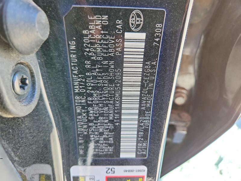 2021 Toyota Camry მანქანა იყიდება აუქციონზე, vin: 4T1F11AK6MU542095, აუქციონის ნომერი: 46338616