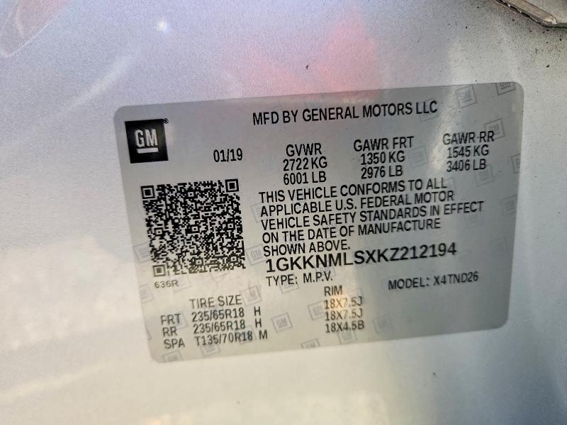 46395376 :رقم المزاد ، 1GKKNMLSXKZ212194 vin ، 2019 Gmc Acadia مزاد بيع