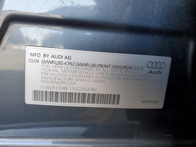 45502876 :رقم المزاد ، WAULC68E14A235690 vin ، 2004 Audi A4 مزاد بيع