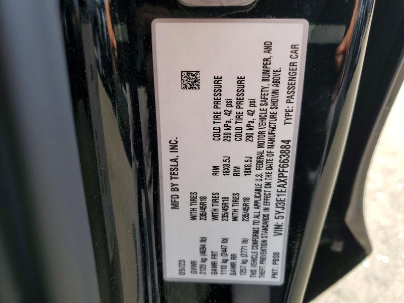 79940805 :رقم المزاد ، 5YJ3E1EAXPF663884 vin ، 2023 Tesla Model 3 مزاد بيع