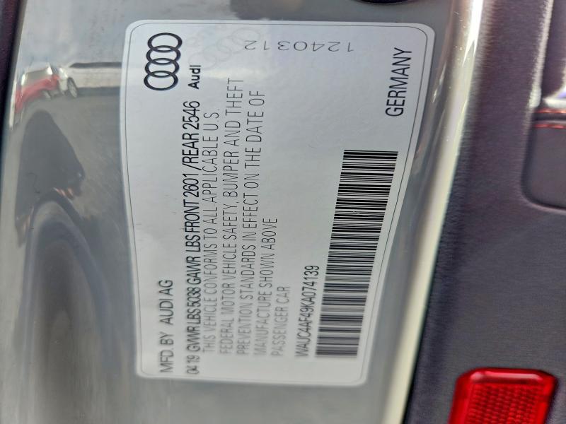 2019 Audi S4 მანქანა იყიდება აუქციონზე, vin: WAUC4AF49KA074139, აუქციონის ნომერი: 45749196