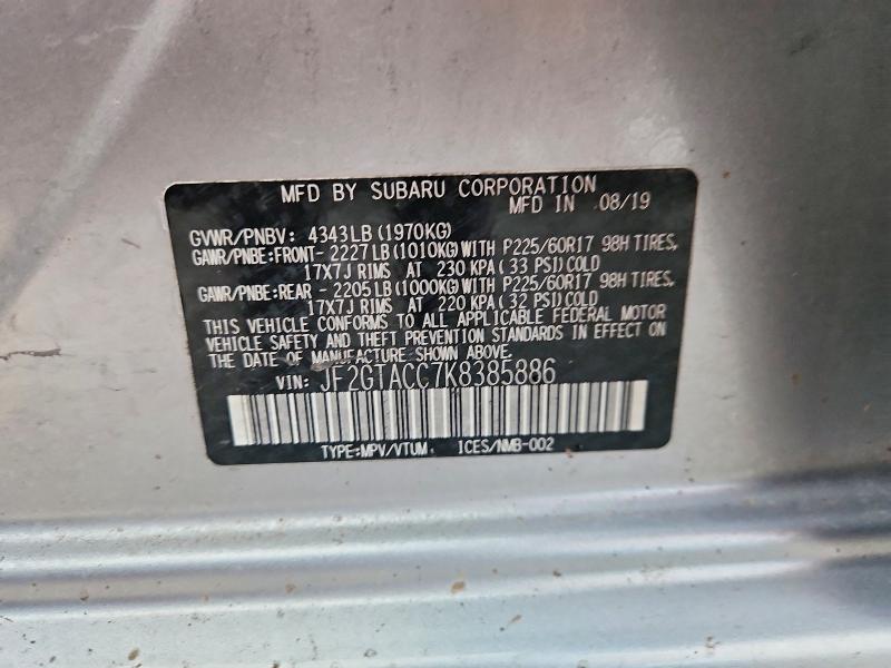 47059676 :رقم المزاد ، JF2GTACC7K8385886 vin ، 2019 Subaru Crosstrek مزاد بيع