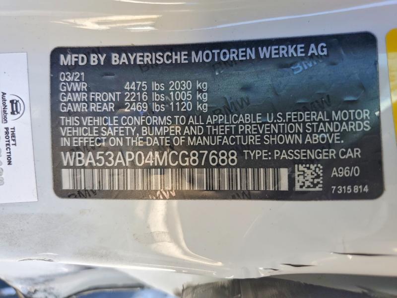 2021 Bmw 430i მანქანა იყიდება აუქციონზე, vin: WBA53AP04MCG87688, აუქციონის ნომერი: 46396076
