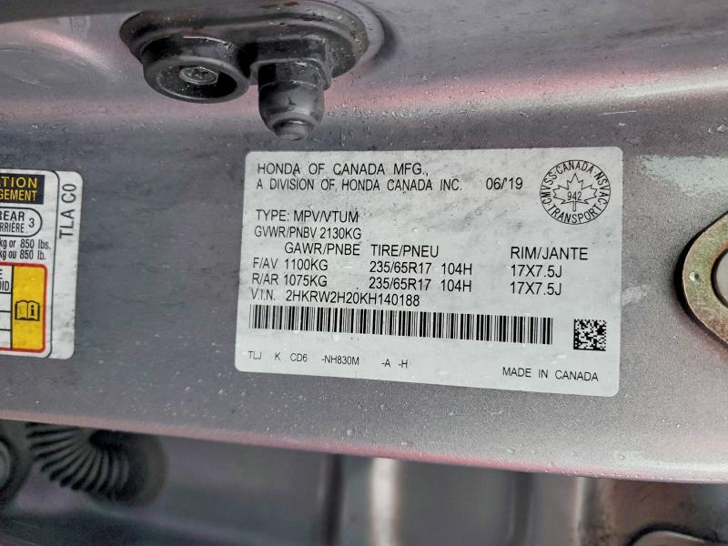 2019 Honda Cr-v მანქანა იყიდება აუქციონზე, vin: 2HKRW2H20KH140188, აუქციონის ნომერი: 46724336