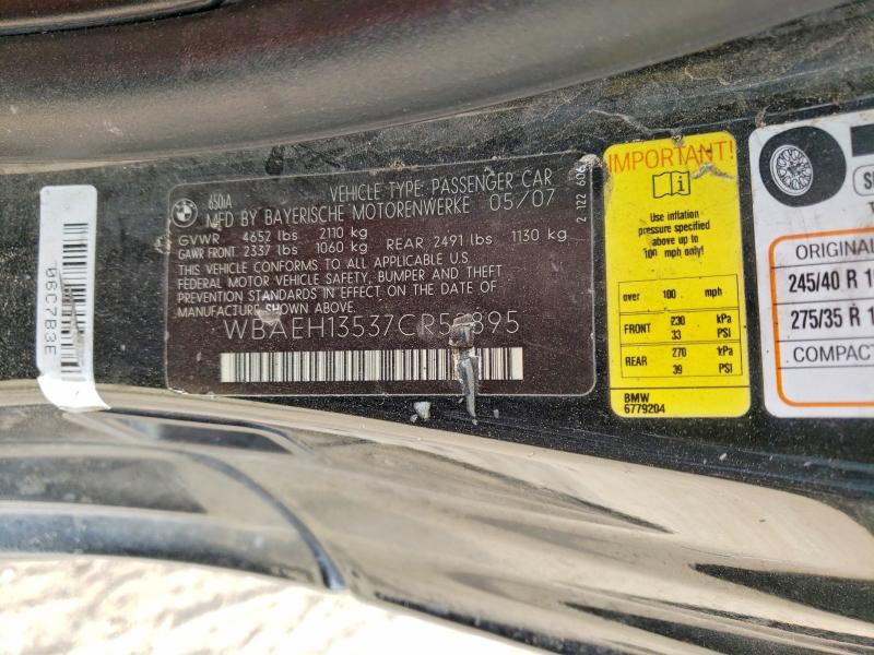 41900286 :رقم المزاد ، WBAEH13537CR52895 vin ، 2007 Bmw 650 مزاد بيع