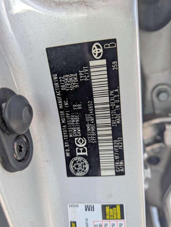 75344055 :رقم المزاد ، 5YFBPMBE4NP346652 vin ، 2022 Toyota Corolla مزاد بيع