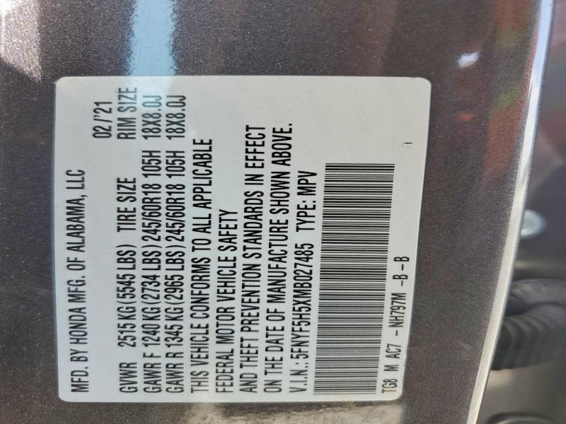 Aukcja sprzedaży 2021 Honda Pilot, vin: 5FNYF5H5XMB027485, numer aukcji: 48249036