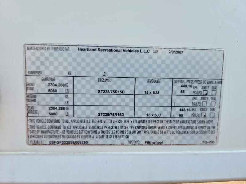 Продаж на аукціоні авто 2008 Heartland Rv Sundance 3, vin: 5SFGF33288E008290, номер лоту: 45492346